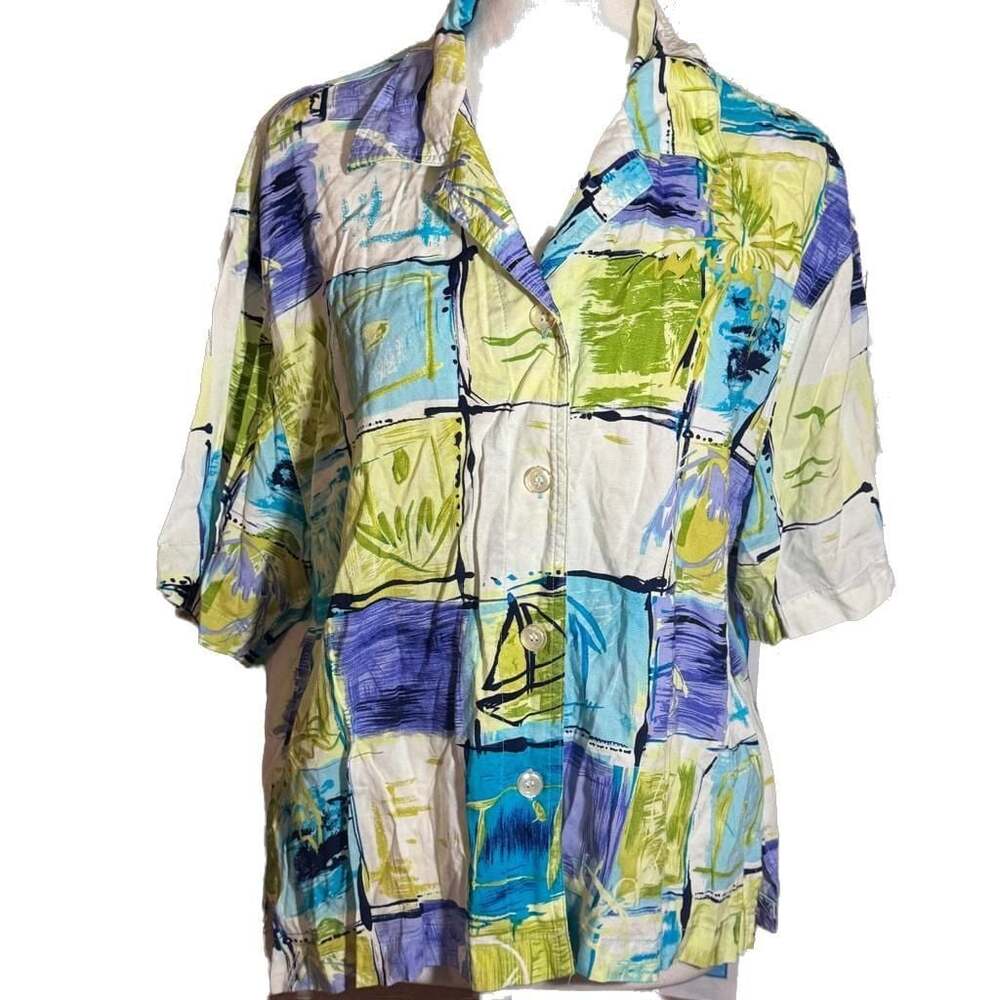 Vintage 90s Ali Miles Geometric Abstract Print Linen Tunic Top